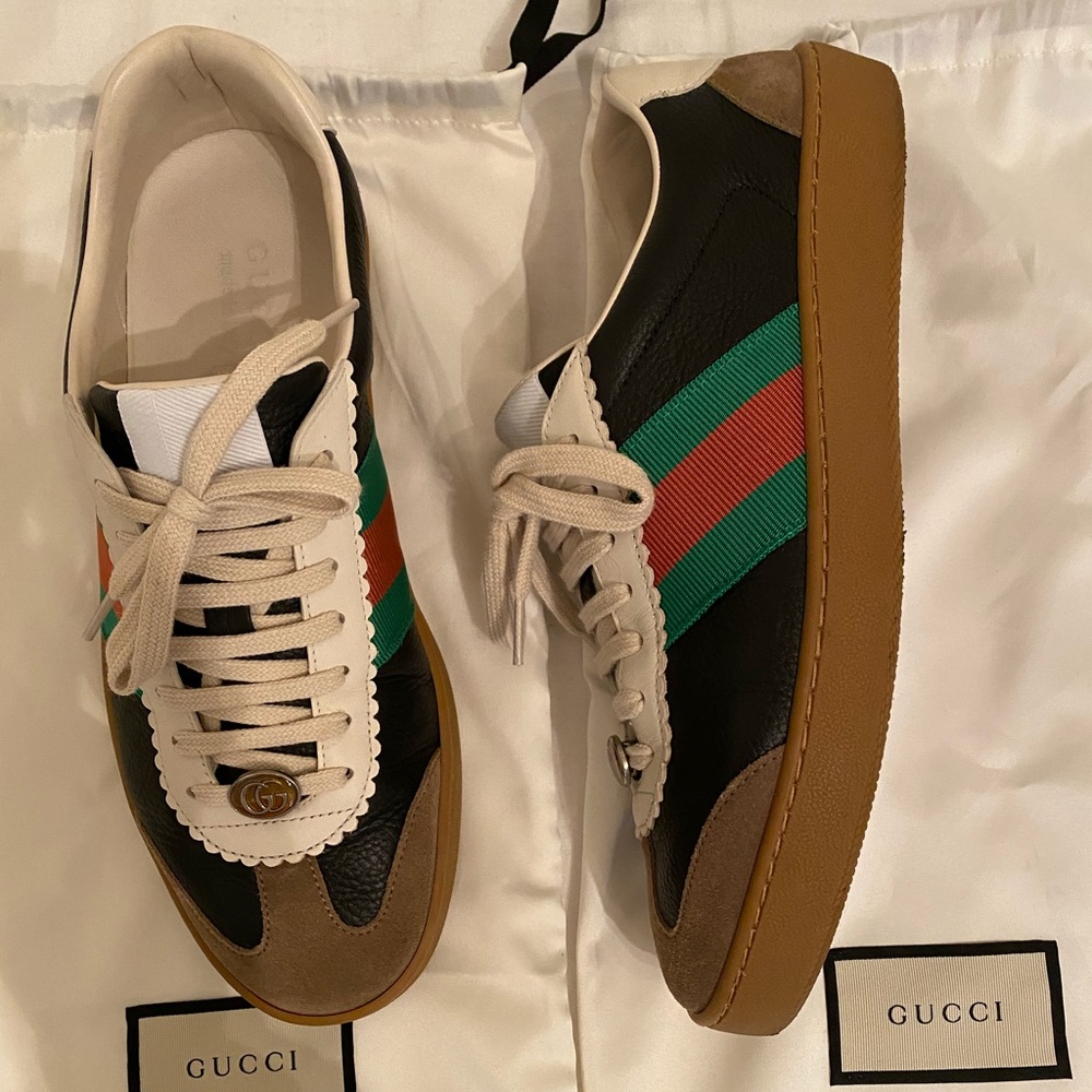Gucci Men's G74 Black Leather Web Sneakers